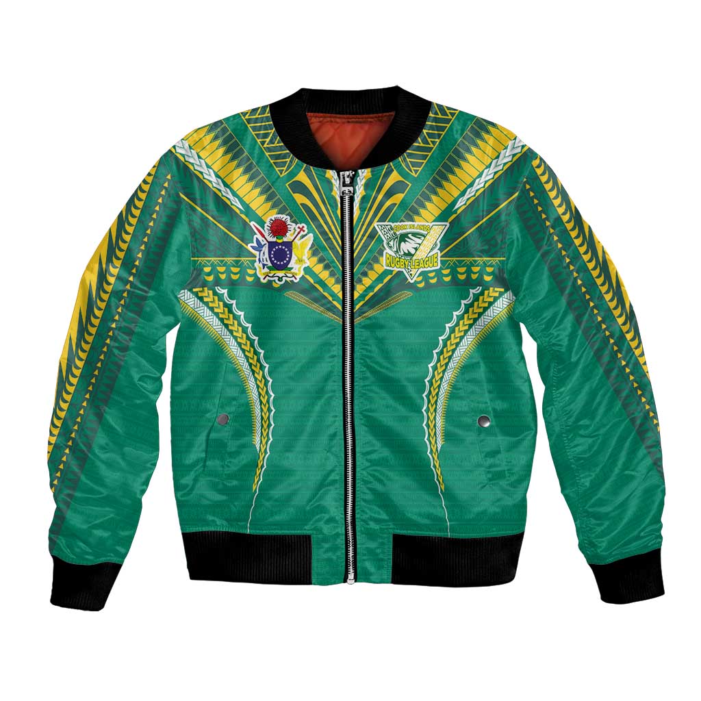 Custom Cook Islands Rugby Bomber Jacket Tatau Art Sport Style Green Color LT03 Unisex Green - Polynesian Pride