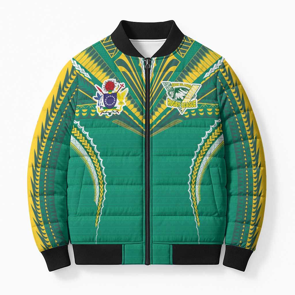 Custom Cook Islands Rugby Bomber Puffer Jacket Tatau Art Sport Style Green Color LT03 Unisex Green - Polynesian Pride