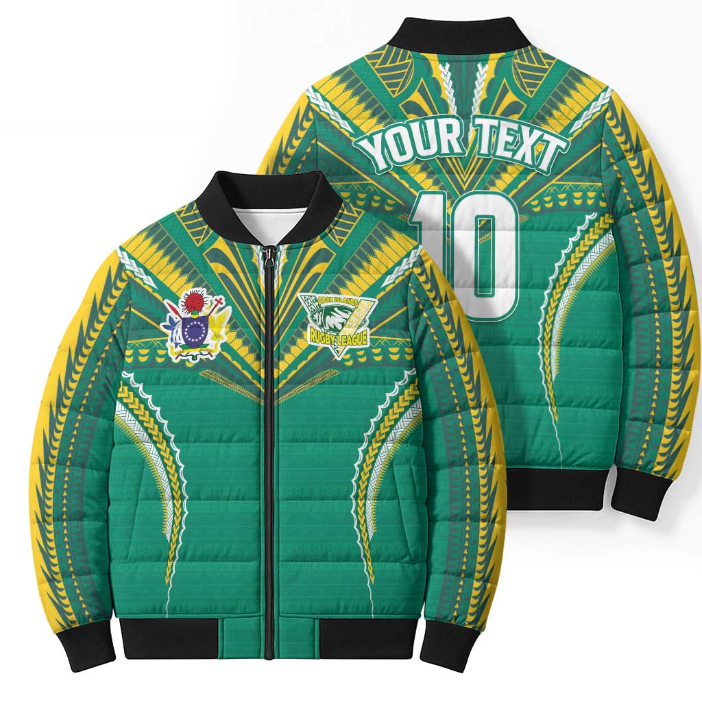 Custom Cook Islands Rugby Bomber Puffer Jacket Tatau Art Sport Style Green Color