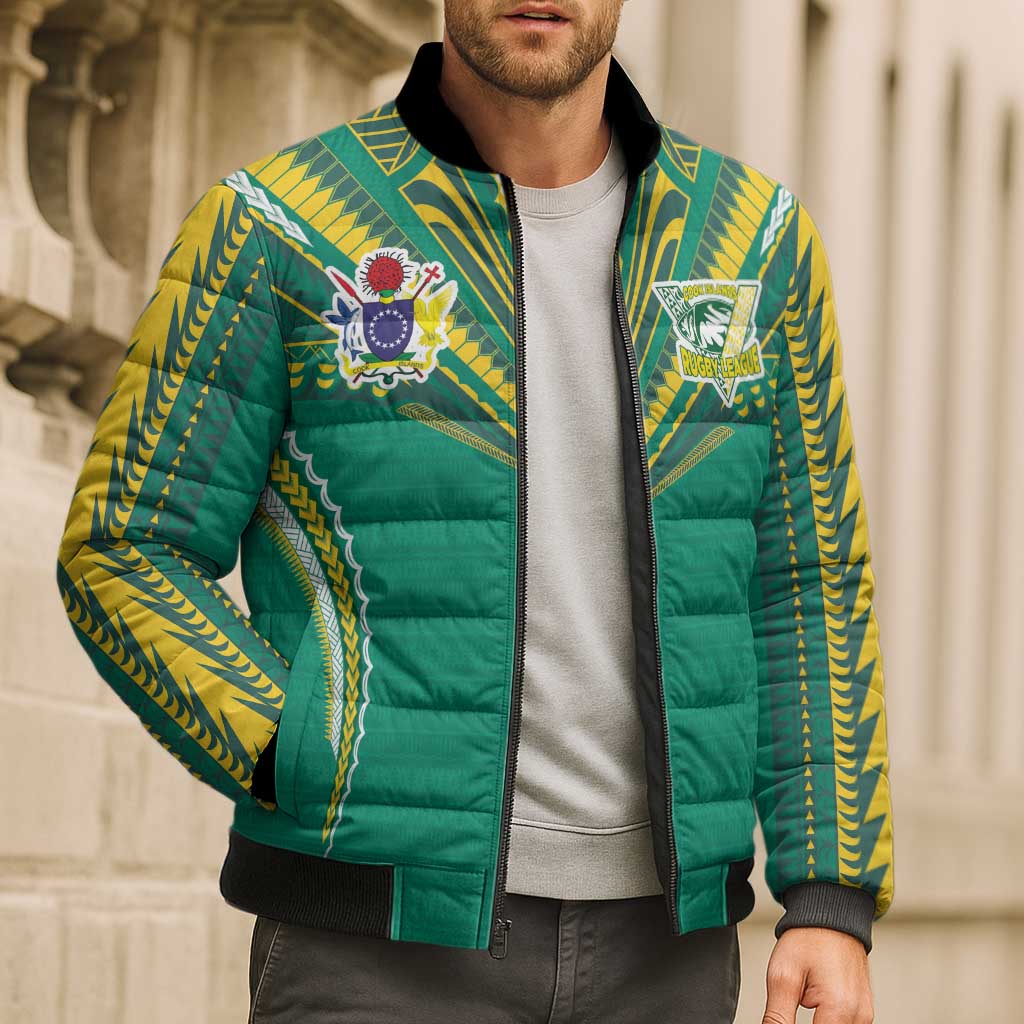 Custom Cook Islands Rugby Bomber Puffer Jacket Tatau Art Sport Style Green Color