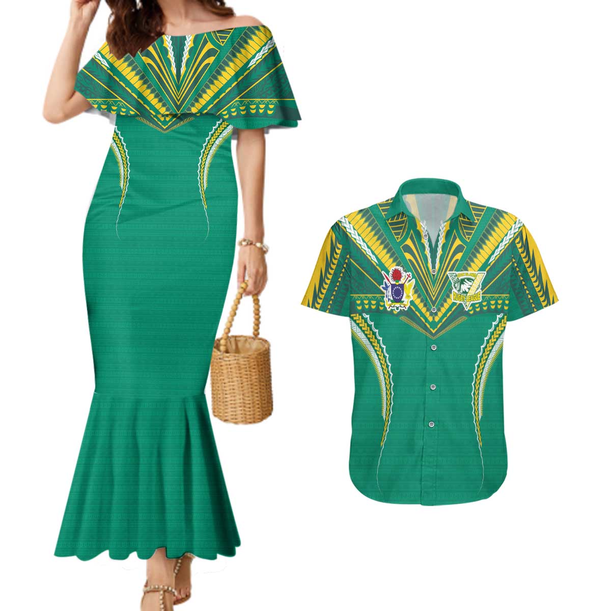 Custom Cook Islands Rugby Couples Matching Mermaid Dress and Hawaiian Shirt Tatau Art Sport Style Green Color