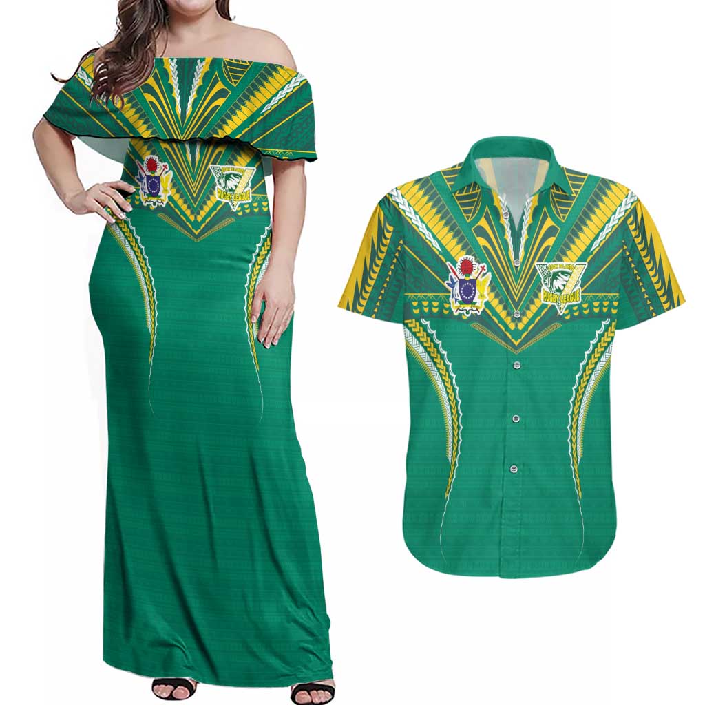 Custom Cook Islands Rugby Couples Matching Off Shoulder Maxi Dress and Hawaiian Shirt Tatau Art Sport Style Green Color