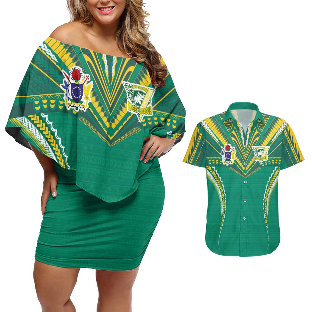 Custom Cook Islands Rugby Couples Matching Off Shoulder Short Dress and Hawaiian Shirt Tatau Art Sport Style Green Color