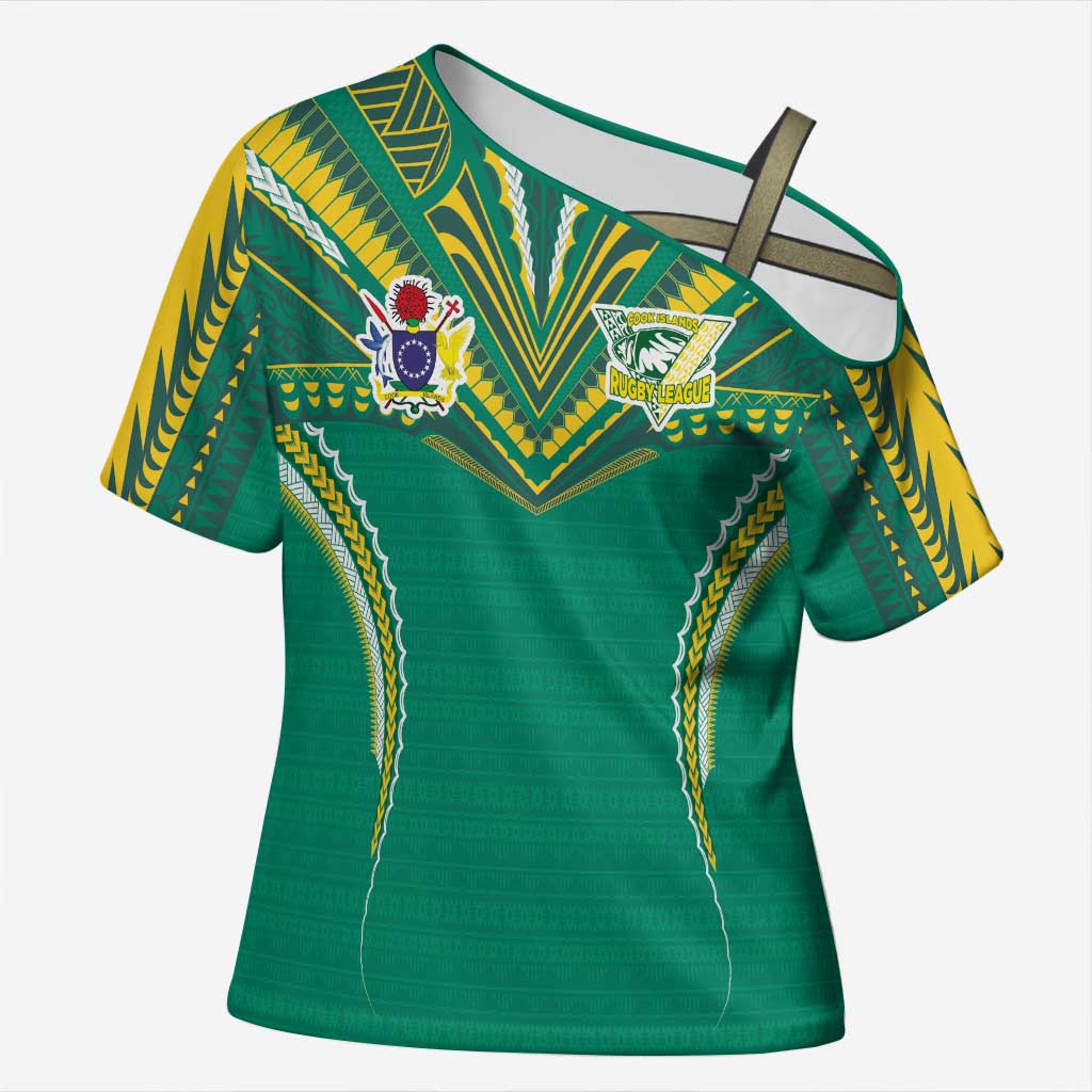 Custom Cook Islands Rugby Cross Shoulder Shirt Tatau Art Sport Style Green Color