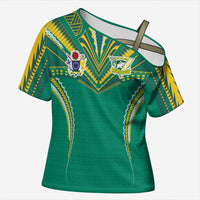 Custom Cook Islands Rugby Cross Shoulder Shirt Tatau Art Sport Style Green Color