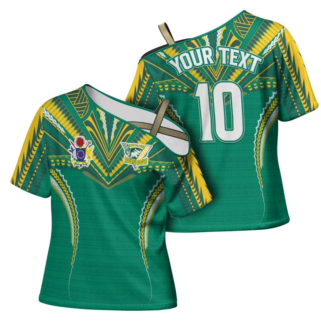 Custom Cook Islands Rugby Cross Shoulder Shirt Tatau Art Sport Style Green Color