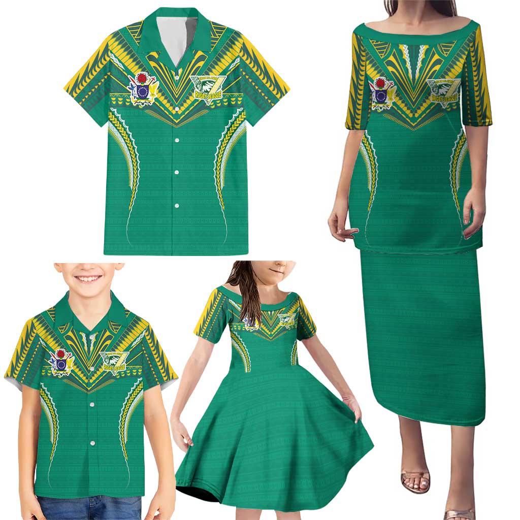 Custom Cook Islands Rugby Family Matching Puletasi and Hawaiian Shirt Tatau Art Sport Style Green Color