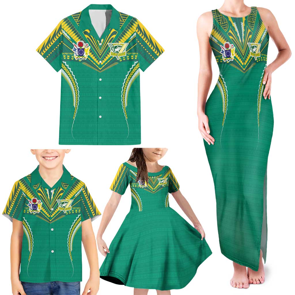 Custom Cook Islands Rugby Family Matching Tank Maxi Dress and Hawaiian Shirt Tatau Art Sport Style Green Color