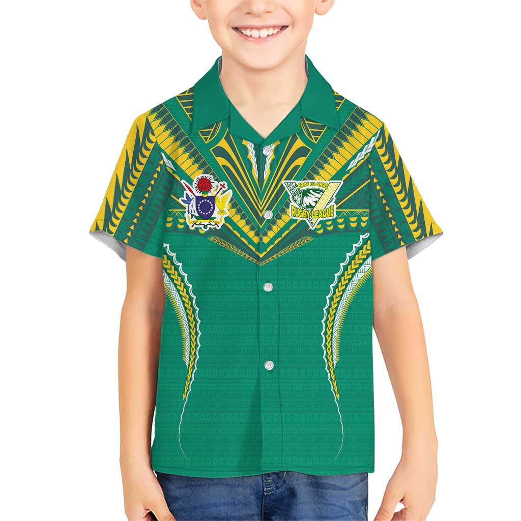 Custom Cook Islands Rugby Kid Hawaiian Shirt Tatau Art Sport Style Green Color LT03 Kid Green - Polynesian Pride