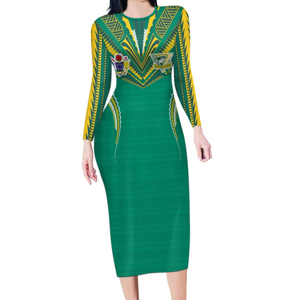 Custom Cook Islands Rugby Long Sleeve Bodycon Dress Tatau Art Sport Style Green Color