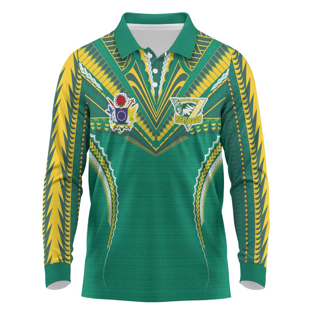 Custom Cook Islands Rugby Long Sleeve Polo Shirt Tatau Art Sport Style Green Color LT03 Green - Polynesian Pride