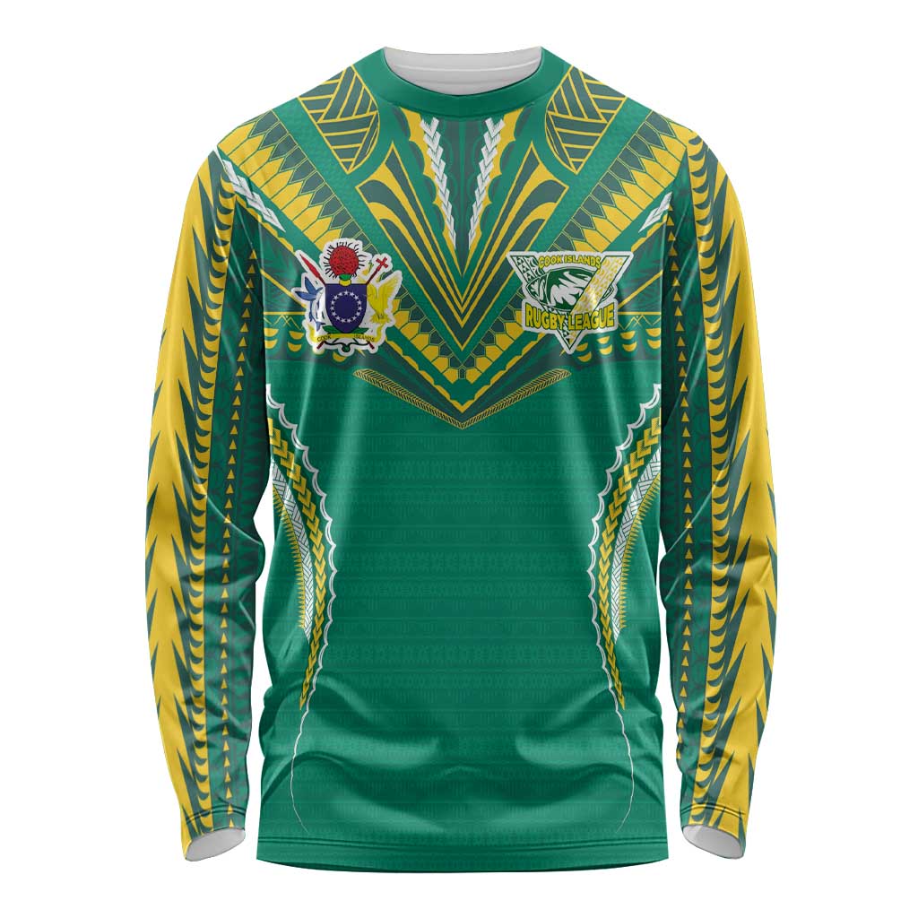 Custom Cook Islands Rugby Long Sleeve Shirt Tatau Art Sport Style Green Color