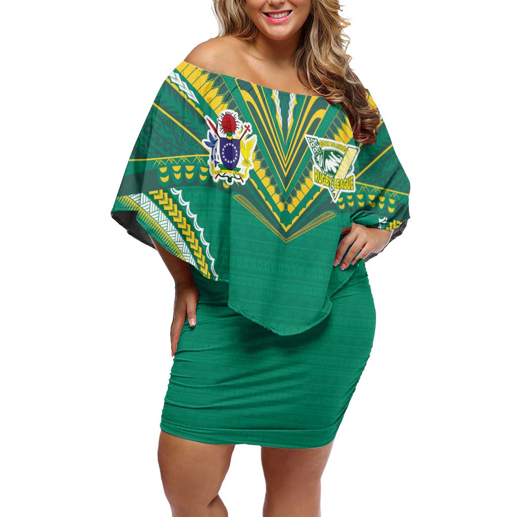 Custom Cook Islands Rugby Off Shoulder Short Dress Tatau Art Sport Style Green Color LT03 Women Green - Polynesian Pride