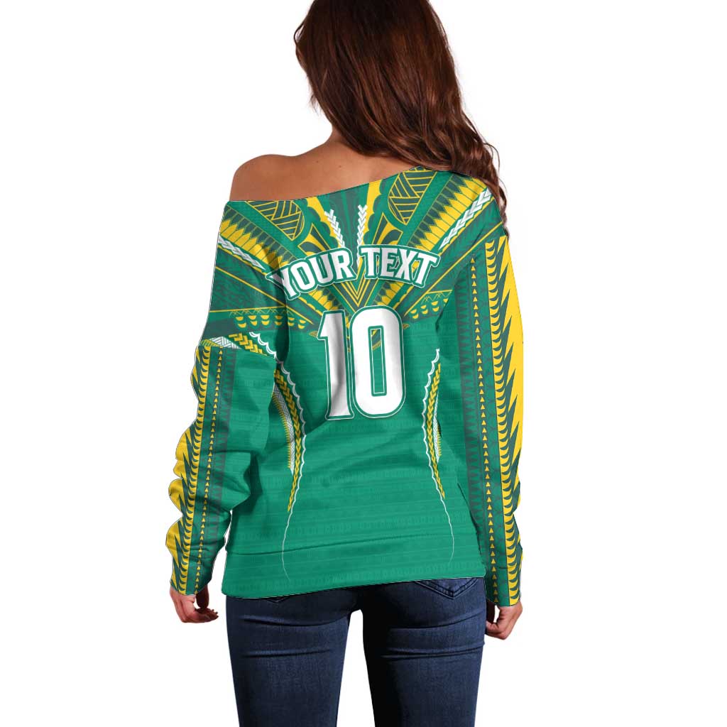 Custom Cook Islands Rugby Off Shoulder Sweater Tatau Art Sport Style Green Color