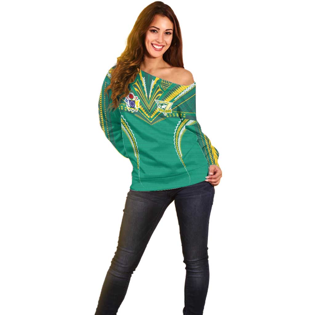 Custom Cook Islands Rugby Off Shoulder Sweater Tatau Art Sport Style Green Color