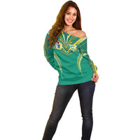 Custom Cook Islands Rugby Off Shoulder Sweater Tatau Art Sport Style Green Color