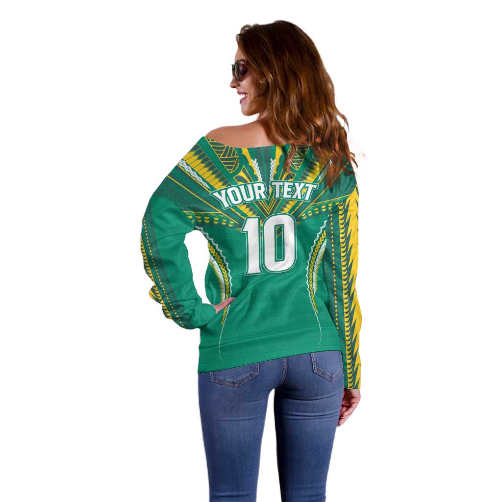 Custom Cook Islands Rugby Off Shoulder Sweater Tatau Art Sport Style Green Color