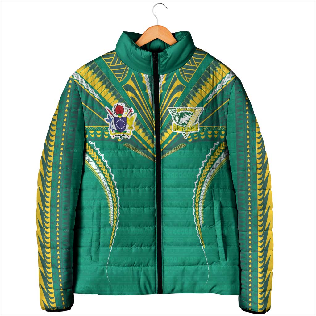 Custom Cook Islands Rugby Padded Jacket Tatau Art Sport Style Green Color