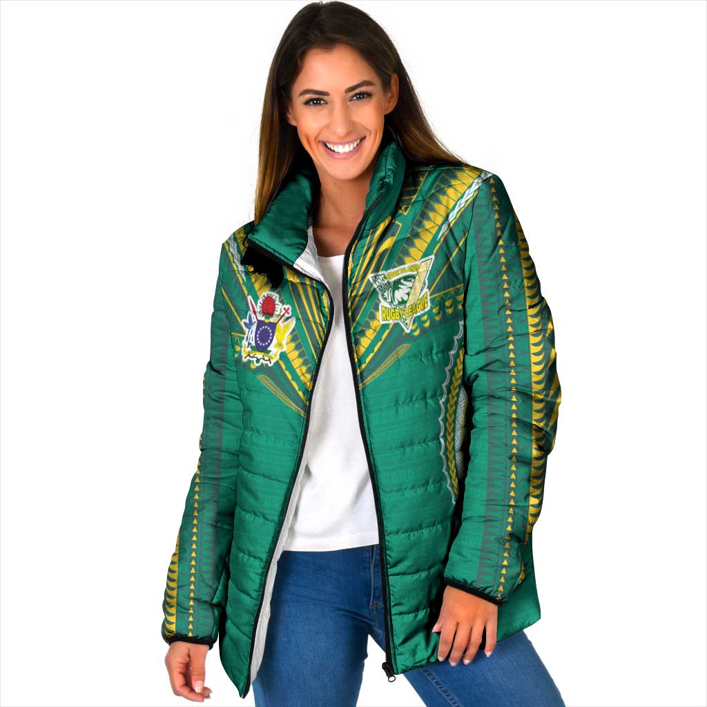 Custom Cook Islands Rugby Padded Jacket Tatau Art Sport Style Green Color