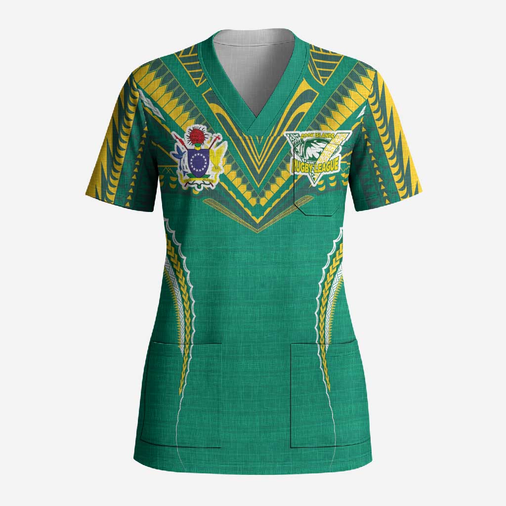 Custom Cook Islands Rugby Scrub Top Tatau Art Sport Style Green Color