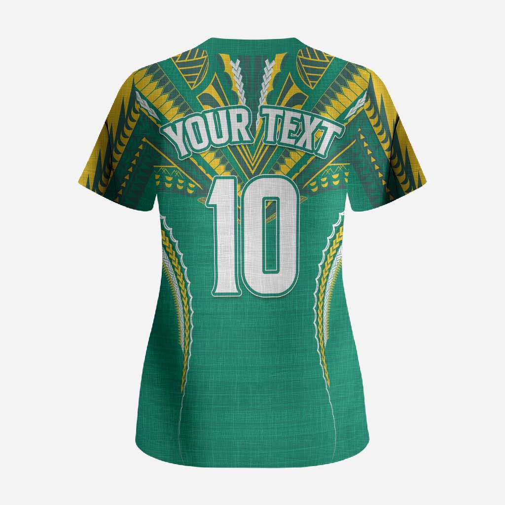Custom Cook Islands Rugby Scrub Top Tatau Art Sport Style Green Color