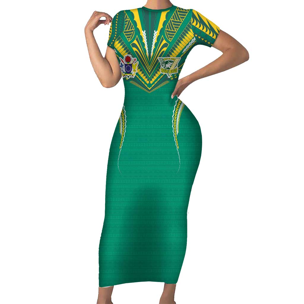 Custom Cook Islands Rugby Short Sleeve Bodycon Dress Tatau Art Sport Style Green Color
