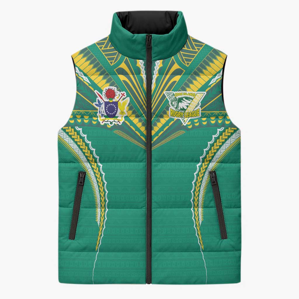 Custom Cook Islands Rugby Sleeveless Puffer Jacket Tatau Art Sport Style Green Color