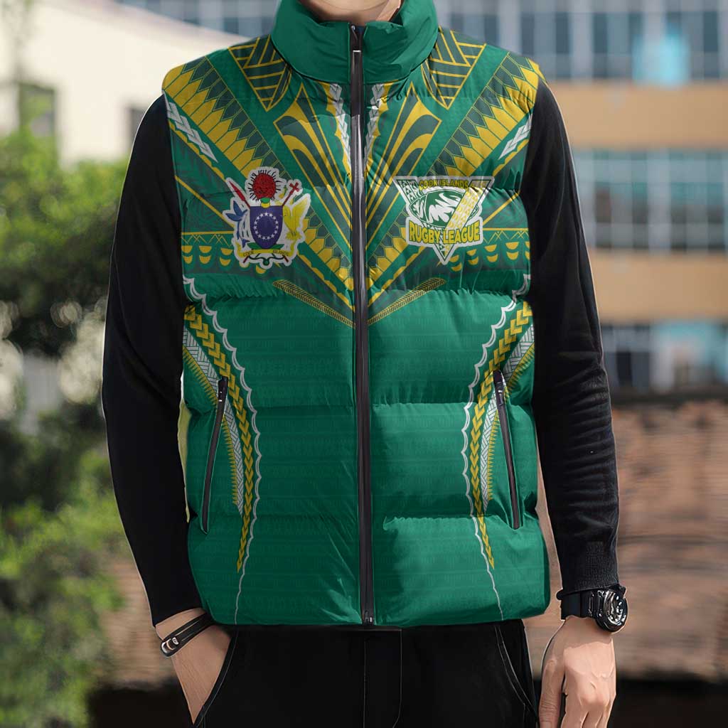 Custom Cook Islands Rugby Sleeveless Puffer Jacket Tatau Art Sport Style Green Color