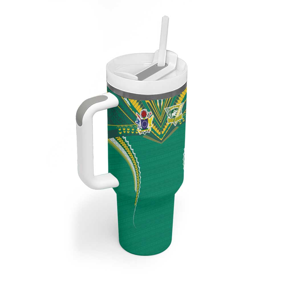 Custom Cook Islands Rugby Tumbler With Handle Tatau Art Sport Style Green Color