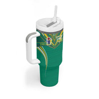 Custom Cook Islands Rugby Tumbler With Handle Tatau Art Sport Style Green Color