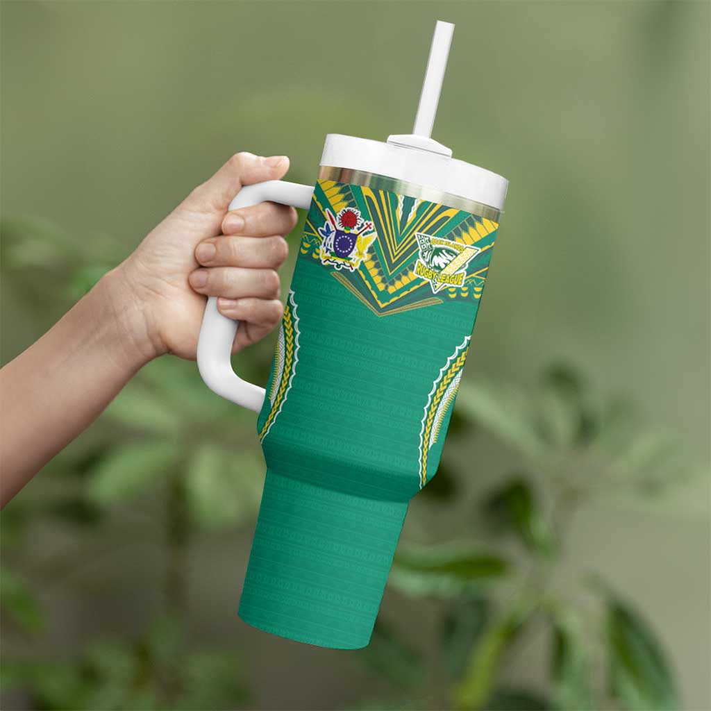 Custom Cook Islands Rugby Tumbler With Handle Tatau Art Sport Style Green Color