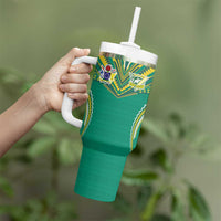 Custom Cook Islands Rugby Tumbler With Handle Tatau Art Sport Style Green Color