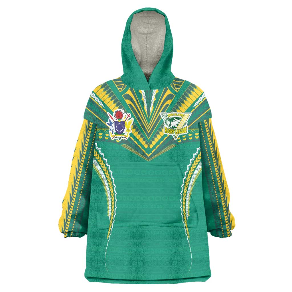 Custom Cook Islands Rugby Wearable Blanket Hoodie Tatau Art Sport Style Green Color