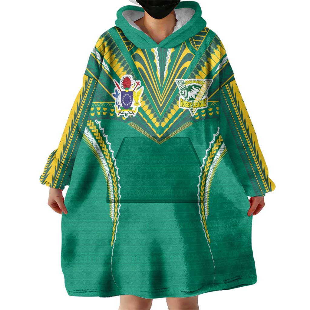 Custom Cook Islands Rugby Wearable Blanket Hoodie Tatau Art Sport Style Green Color
