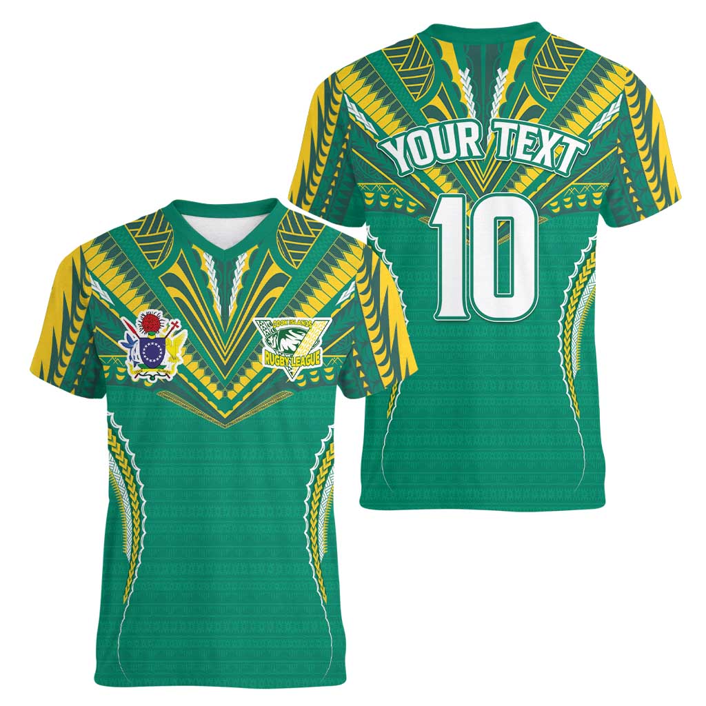 Custom Cook Islands Rugby Women V-Neck T-Shirt Tatau Art Sport Style Green Color