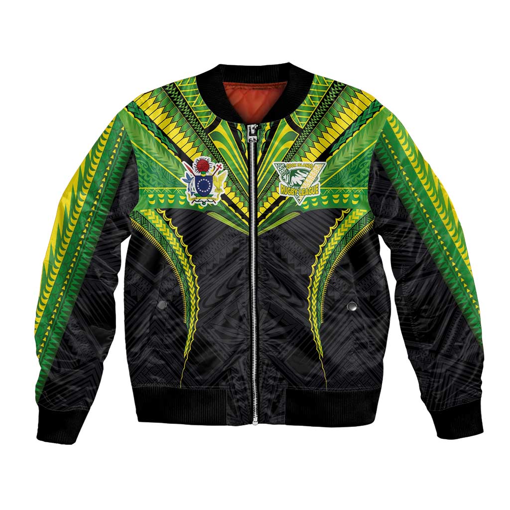 Custom Cook Islands Rugby Bomber Jacket Tatau Art Sport Style Black Color