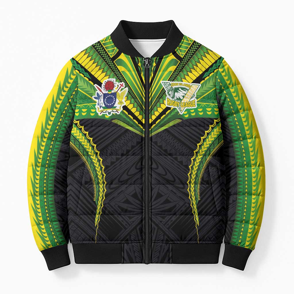Custom Cook Islands Rugby Bomber Puffer Jacket Tatau Art Sport Style Black Color