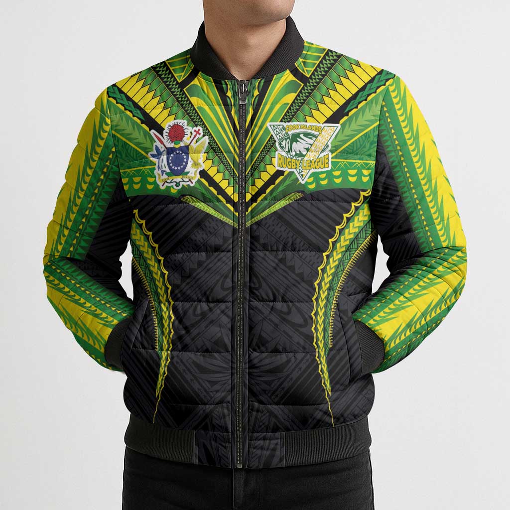 Custom Cook Islands Rugby Bomber Puffer Jacket Tatau Art Sport Style Black Color