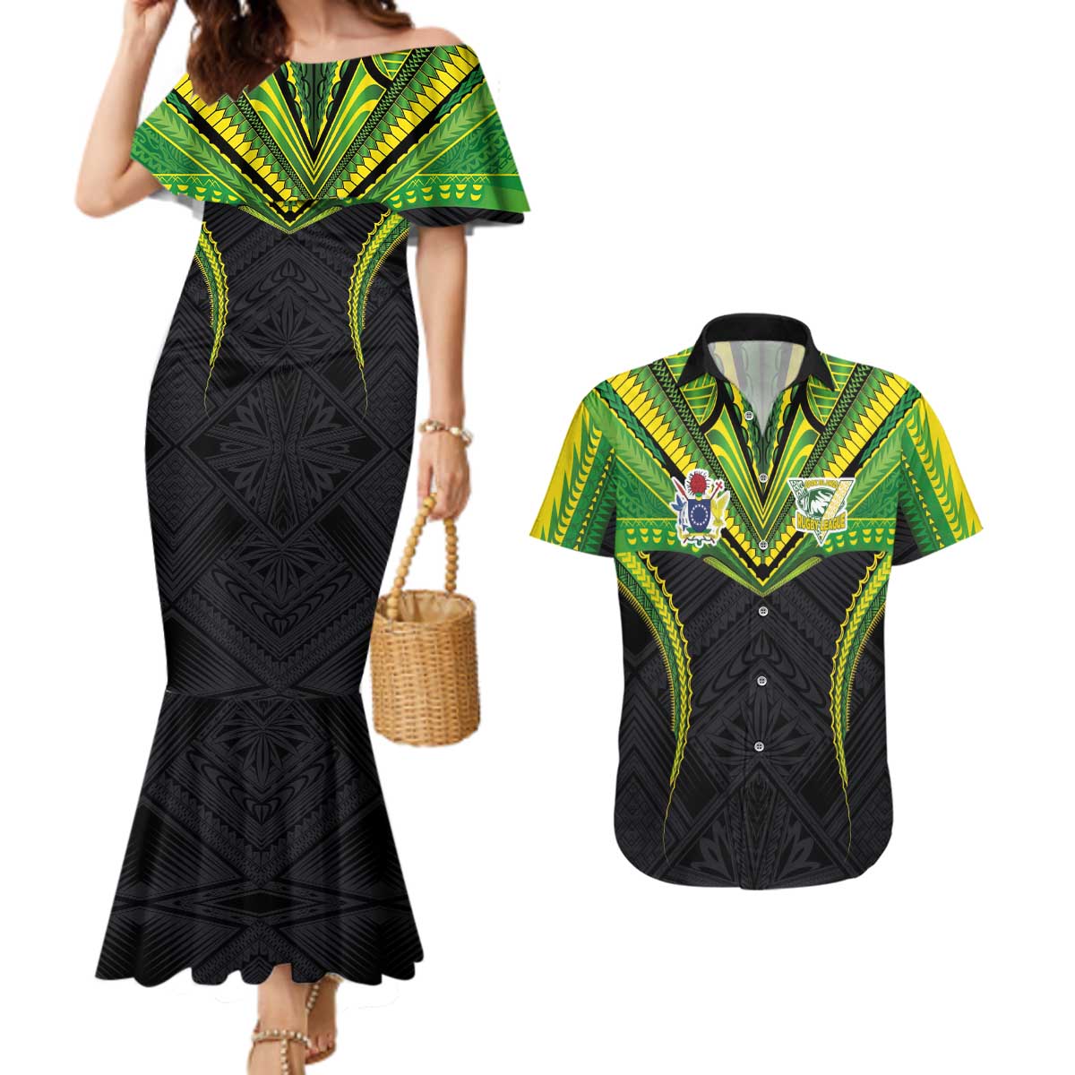 Custom Cook Islands Rugby Couples Matching Mermaid Dress and Hawaiian Shirt Tatau Art Sport Style Black Color