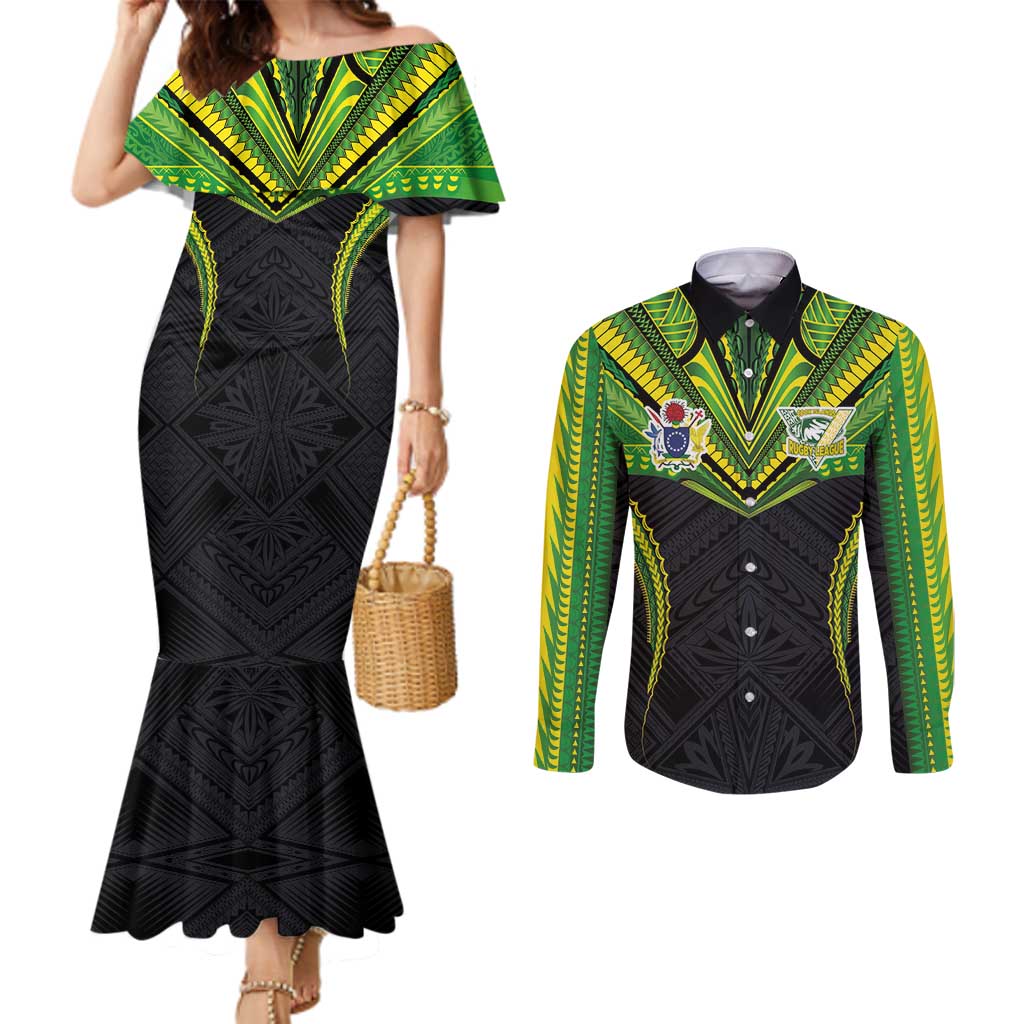 Personalized Cook Islands Couples Matching Long Sleeve Bodycon Dress and Long Sleeve Button Shirts Coat Of Arms Plumeria Polynesian Turtle LT05 main image 1