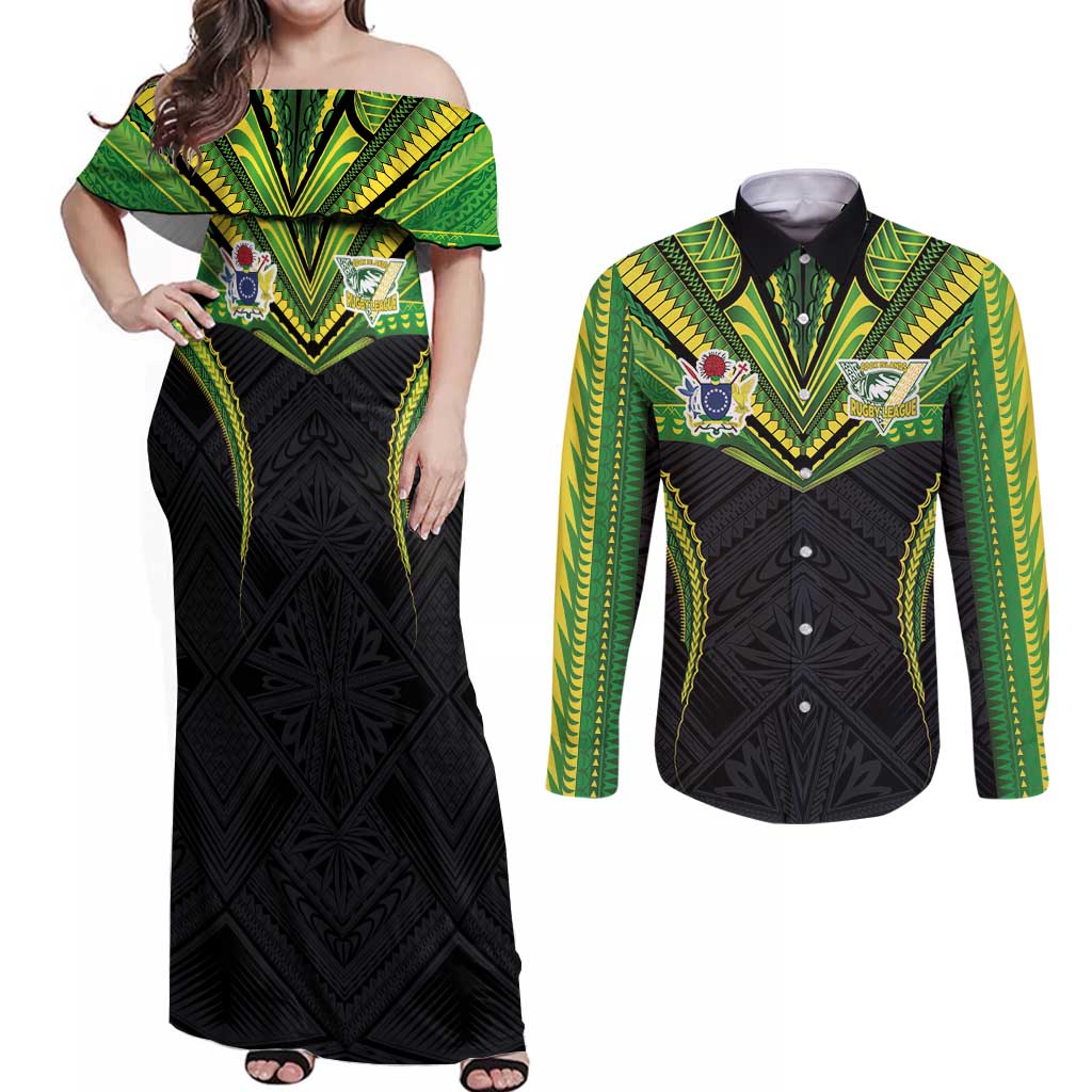 Custom Cook Islands Rugby Couples Matching Off Shoulder Maxi Dress and Long Sleeve Button Shirt Tatau Art Sport Style Black Color