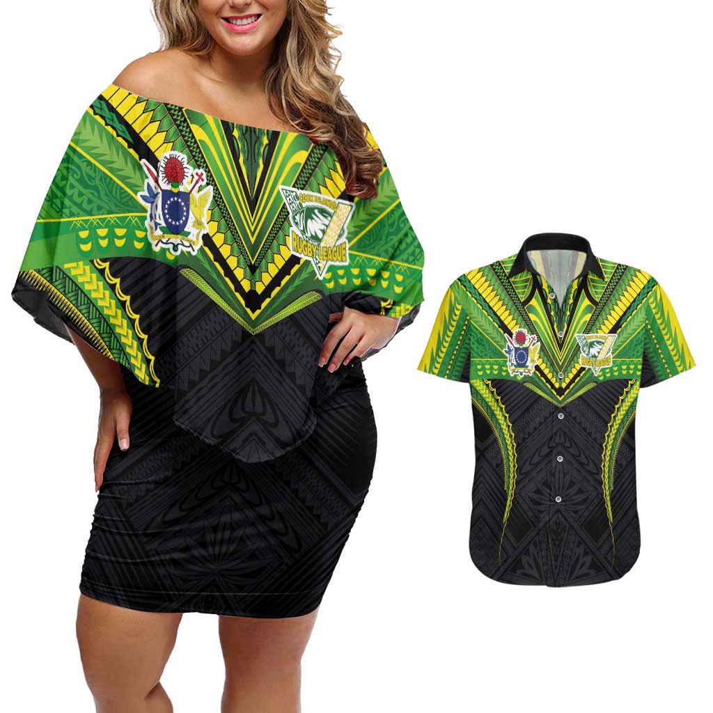 Custom Cook Islands Rugby Couples Matching Off Shoulder Short Dress and Hawaiian Shirt Tatau Art Sport Style Black Color