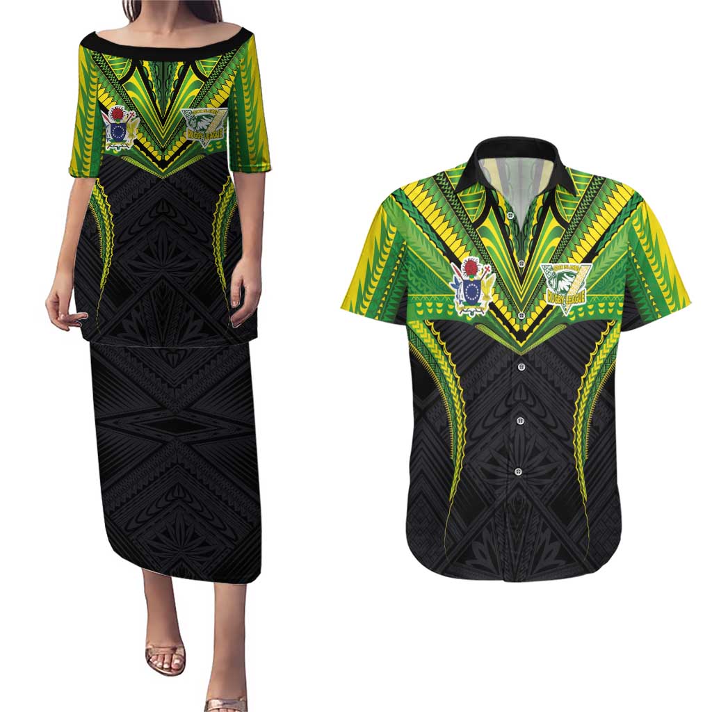 Custom Cook Islands Rugby Couples Matching Puletasi and Hawaiian Shirt Tatau Art Sport Style Black Color