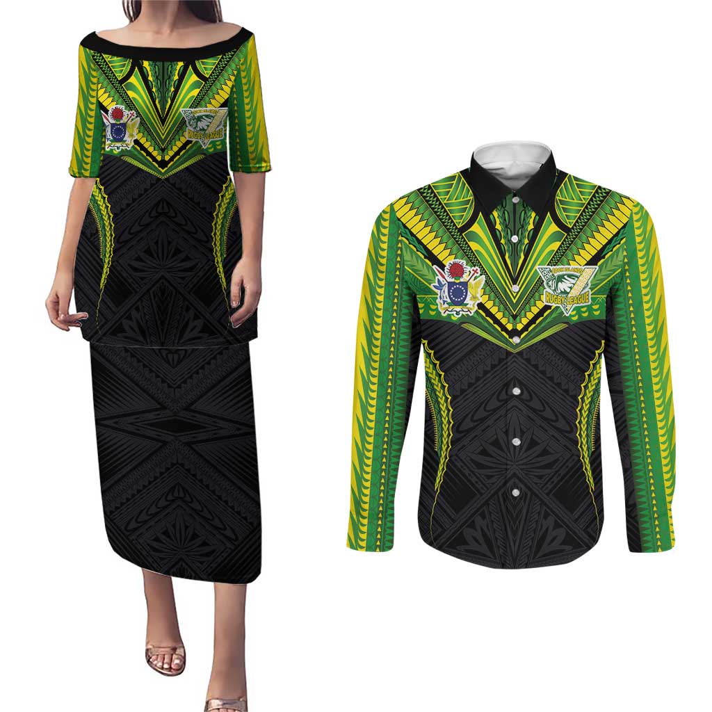 Custom Cook Islands Rugby Couples Matching Puletasi and Long Sleeve Button Shirt Tatau Art Sport Style Black Color LT03 Black - Polynesian Pride