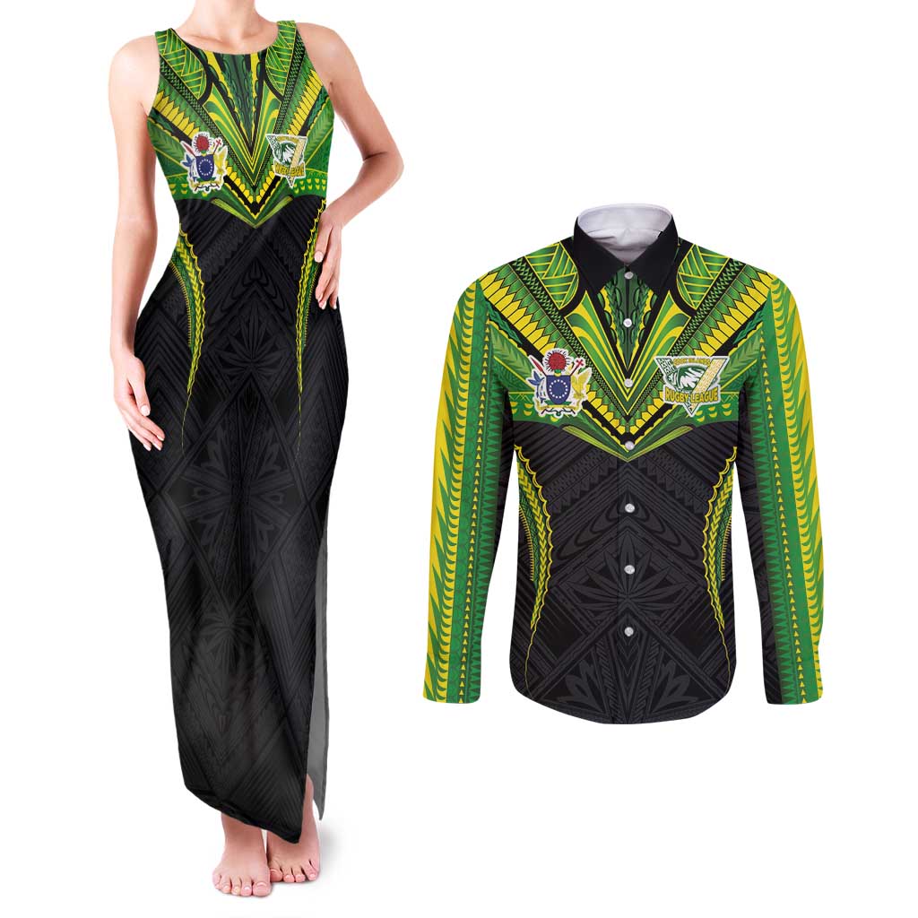 Custom Cook Islands Rugby Couples Matching Tank Maxi Dress and Long Sleeve Button Shirt Tatau Art Sport Style Black Color
