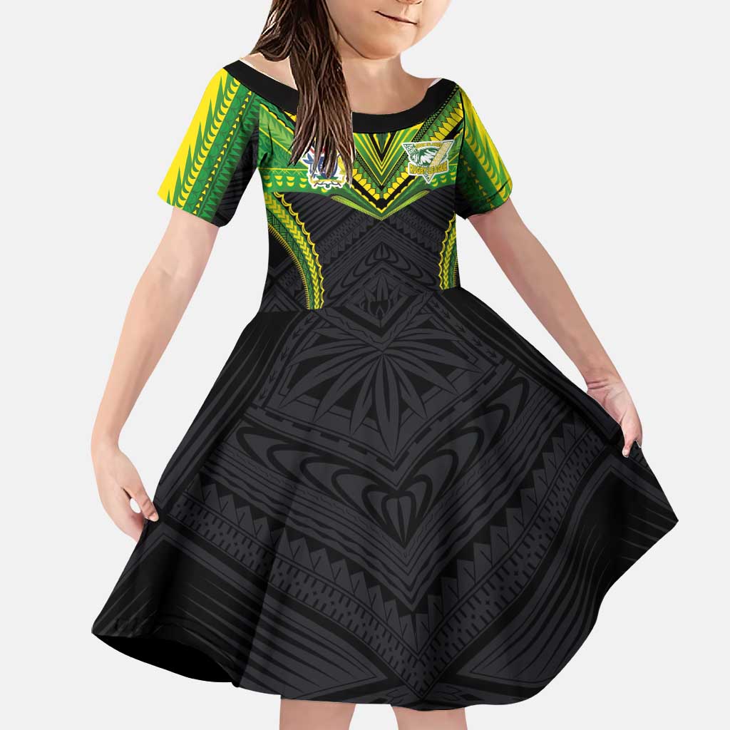 Custom Cook Islands Rugby Family Matching Off Shoulder Short Dress and Hawaiian Shirt Tatau Art Sport Style Black Color LT03 Daughter's Dress Black - Polynesian Pride