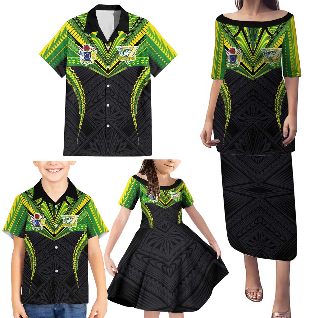 Custom Cook Islands Rugby Family Matching Puletasi and Hawaiian Shirt Tatau Art Sport Style Black Color