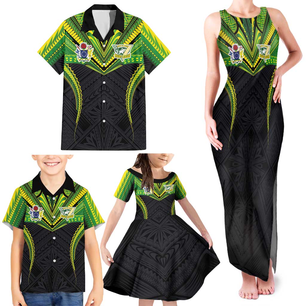 Custom Cook Islands Rugby Family Matching Tank Maxi Dress and Hawaiian Shirt Tatau Art Sport Style Black Color