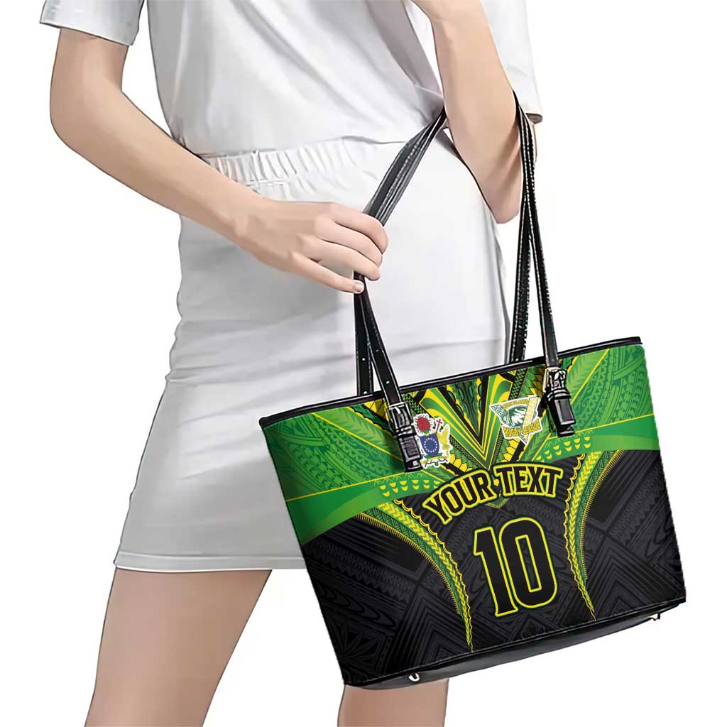 Custom Cook Islands Rugby Leather Tote Bag Tatau Art Sport Style Black Color LT03 - Polynesian Pride