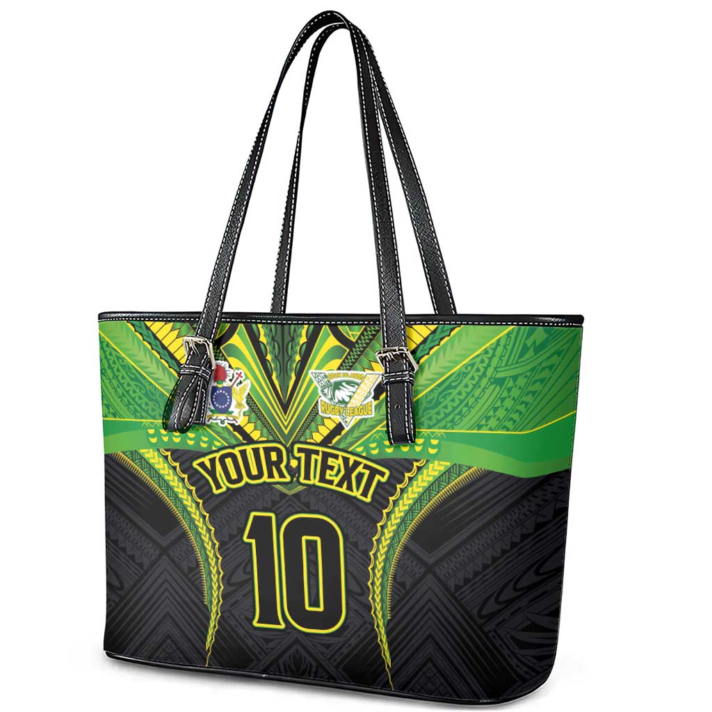 Custom Cook Islands Rugby Leather Tote Bag Tatau Art Sport Style Black Color LT03 - Polynesian Pride
